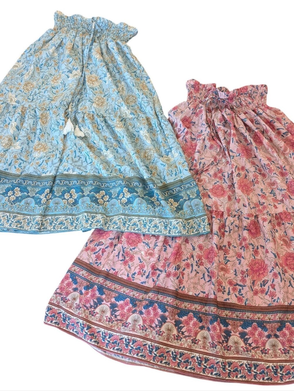 Floral Boho Tiered Maxi Skirt - Blue & Pink
